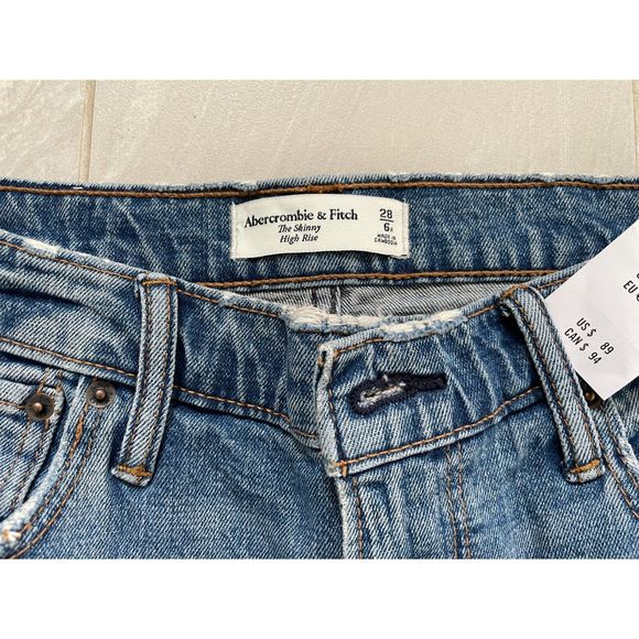 NWT Abercrombie & Fitch Women's The Skinny High Rise Blue Jeans Raw Hem Sz 28/6R - Picture 5 of 11